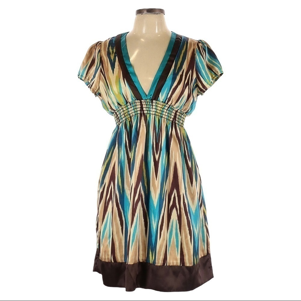 🌺 Poetry Satin Abstract Chevron Teal Brown Plunge Mini Dress Size L